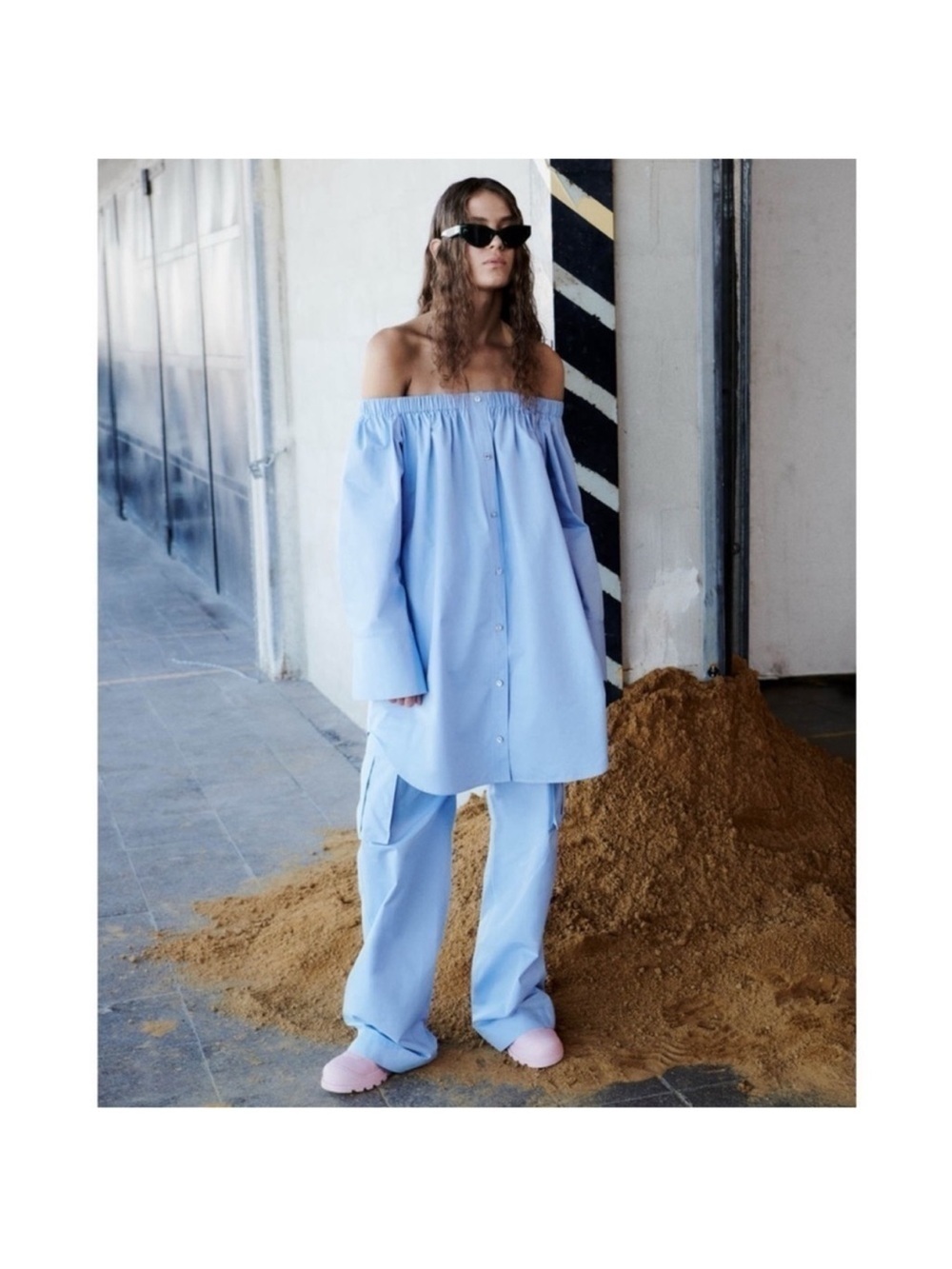 Stine Goya Amanuel Button Up Mini Dress Blue Off The Shoulder NWT